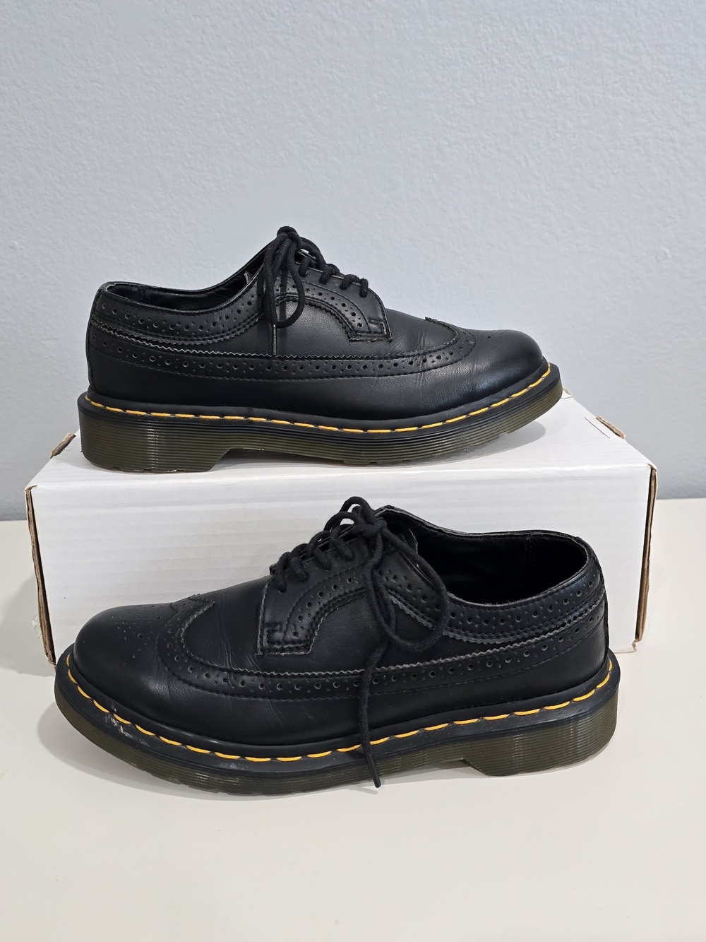 Dr. Martens Black Brogue Oxfords with Yellow Stitching